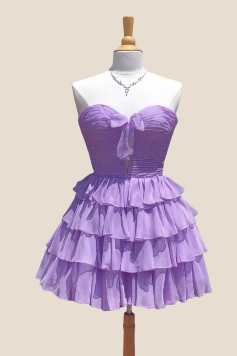Strapless Hot Pink Chiffon Bow Ruffle Short Dress