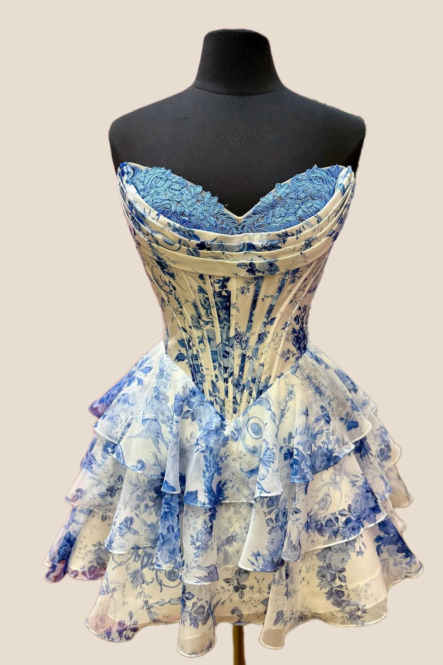 Strapless Pink Floral Corset A-line Short Ruffle Dress