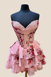 Strapless Pink Floral Corset A-line Short Ruffle Dress