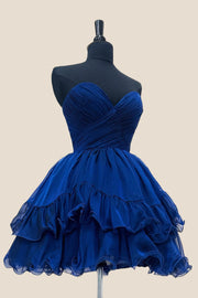 Fuchsia Ruched Chiffon A-line Short Ruffle Dress