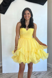 Fuchsia Ruched Chiffon A-line Short Ruffle Dress