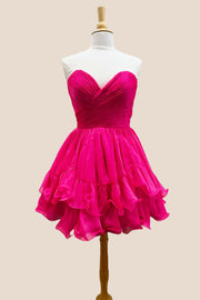 Fuchsia Ruched Chiffon A-line Short Ruffle Dress