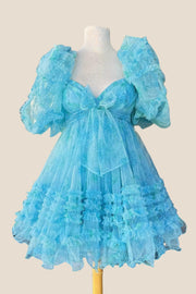 Short Puff Sleeves Blue Floral Babydoll Dress