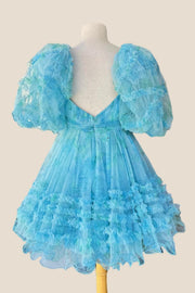 Short Puff Sleeves Blue Floral Babydoll Dress