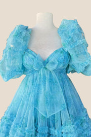 Short Puff Sleeves Blue Floral Babydoll Dress