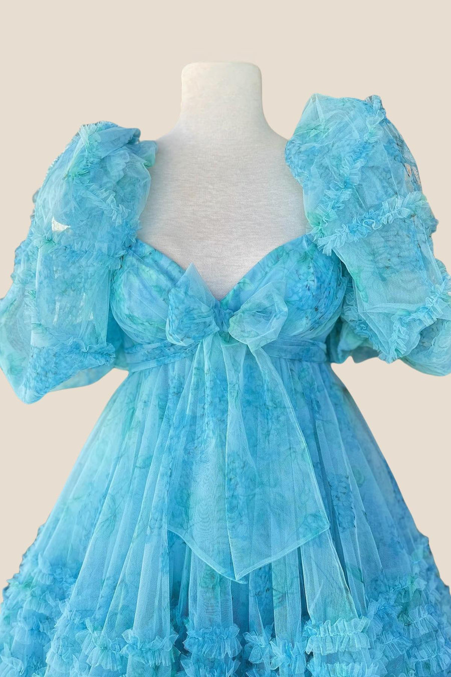 Short Puff Sleeves Blue Floral Babydoll Dress