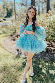 Short Puff Sleeves Blue Floral Babydoll Dress