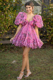 Short Puff Sleeves Blue Floral Babydoll Dress