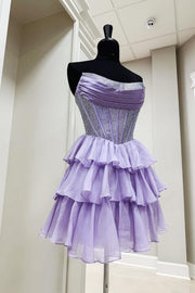 Navy Blue Beaded Short Ruffle A-line Dress