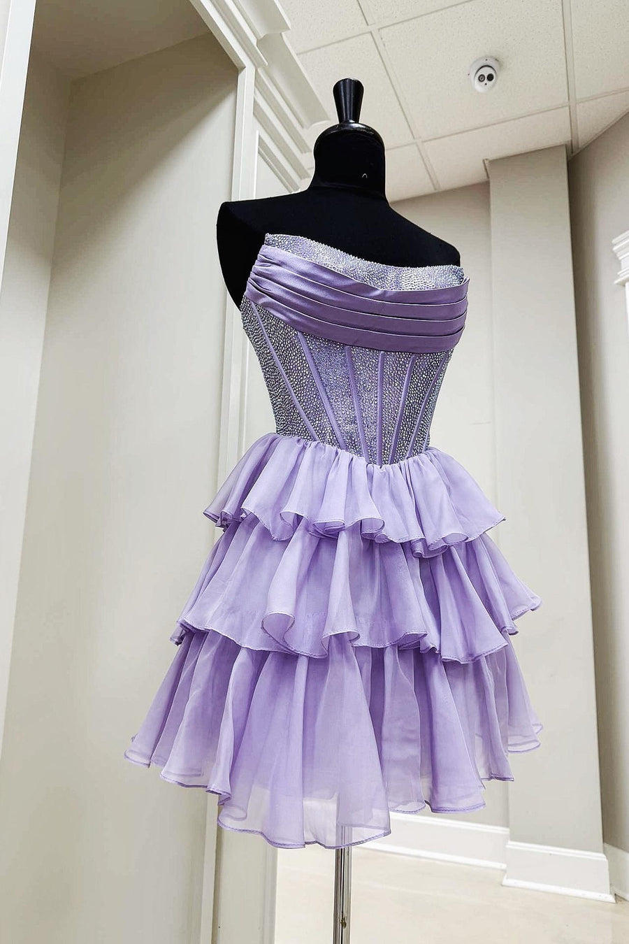 Navy Blue Beaded Short Ruffle A-line Dress