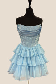 Navy Blue Beaded Short Ruffle A-line Dress