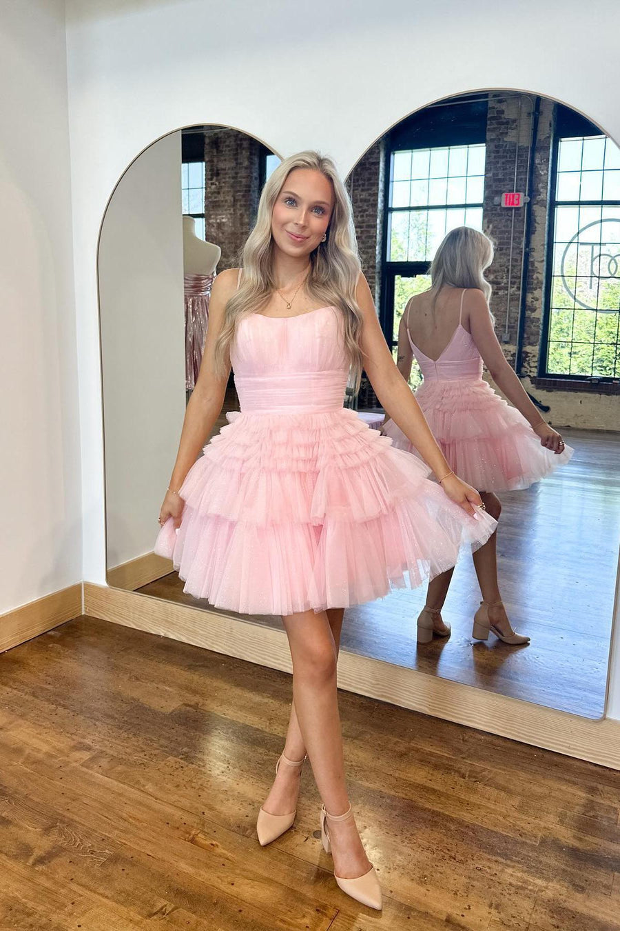 Square Neck Ivory Tiered Sparkle Tulle Short Dress