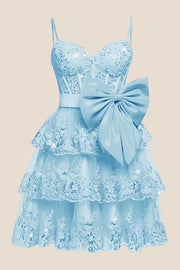 Straps Navy Appliques Tiered Short Dress with Bow