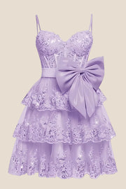 Straps Navy Appliques Tiered Short Dress with Bow