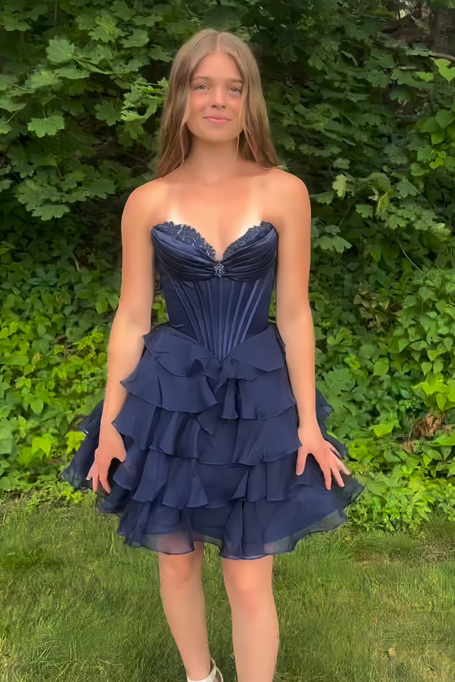 Appliques Neck Light Blue Corset Tiered Short Dress