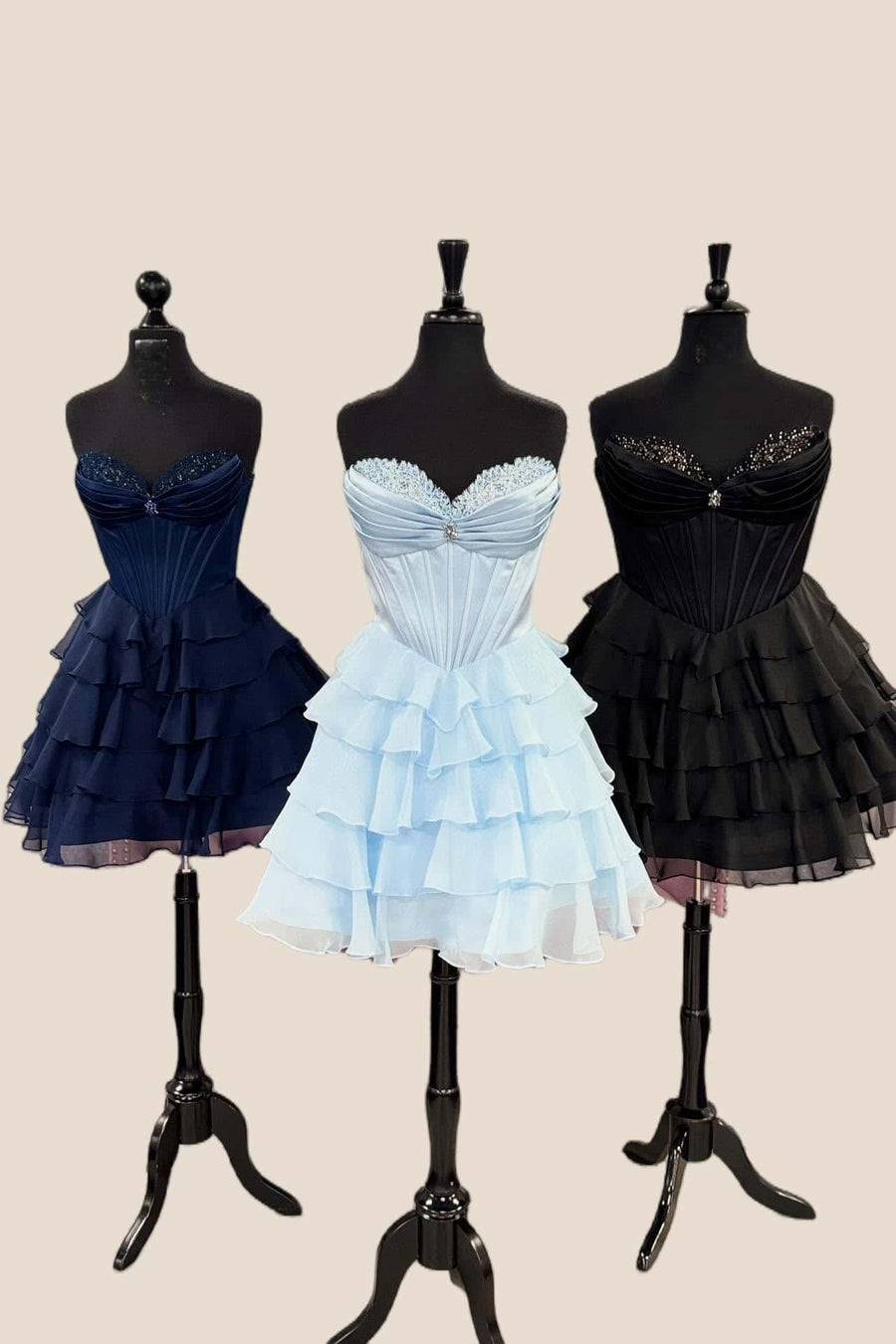 Appliques Neck Light Blue Corset Tiered Short Dress