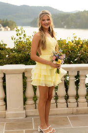 Square Neck Blue Appliques Tiered Short Dress