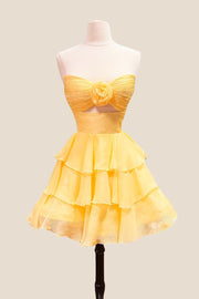 Strapless Green Pleated Tiered Short Dress with Rosette