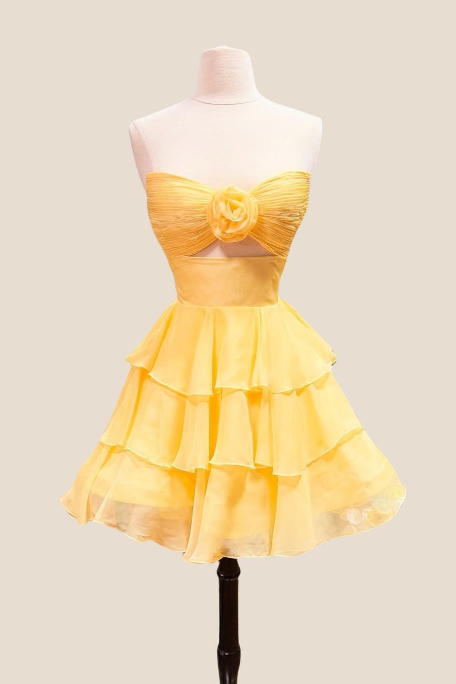 Strapless Green Pleated Tiered Short Dress with Rosette