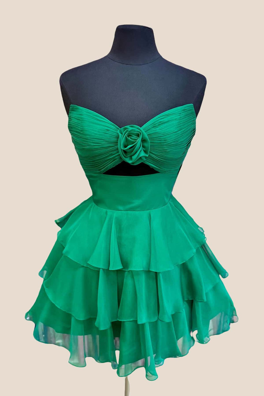 Strapless Green Pleated Tiered Short Dress with Rosette