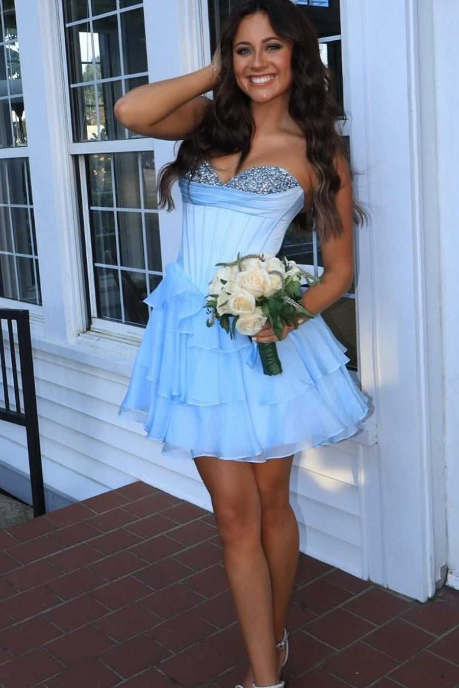 Beaded Neck Yellow Tiered A-line Short Dress