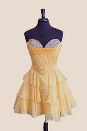 Beaded Neck Yellow Tiered A-line Short Dress