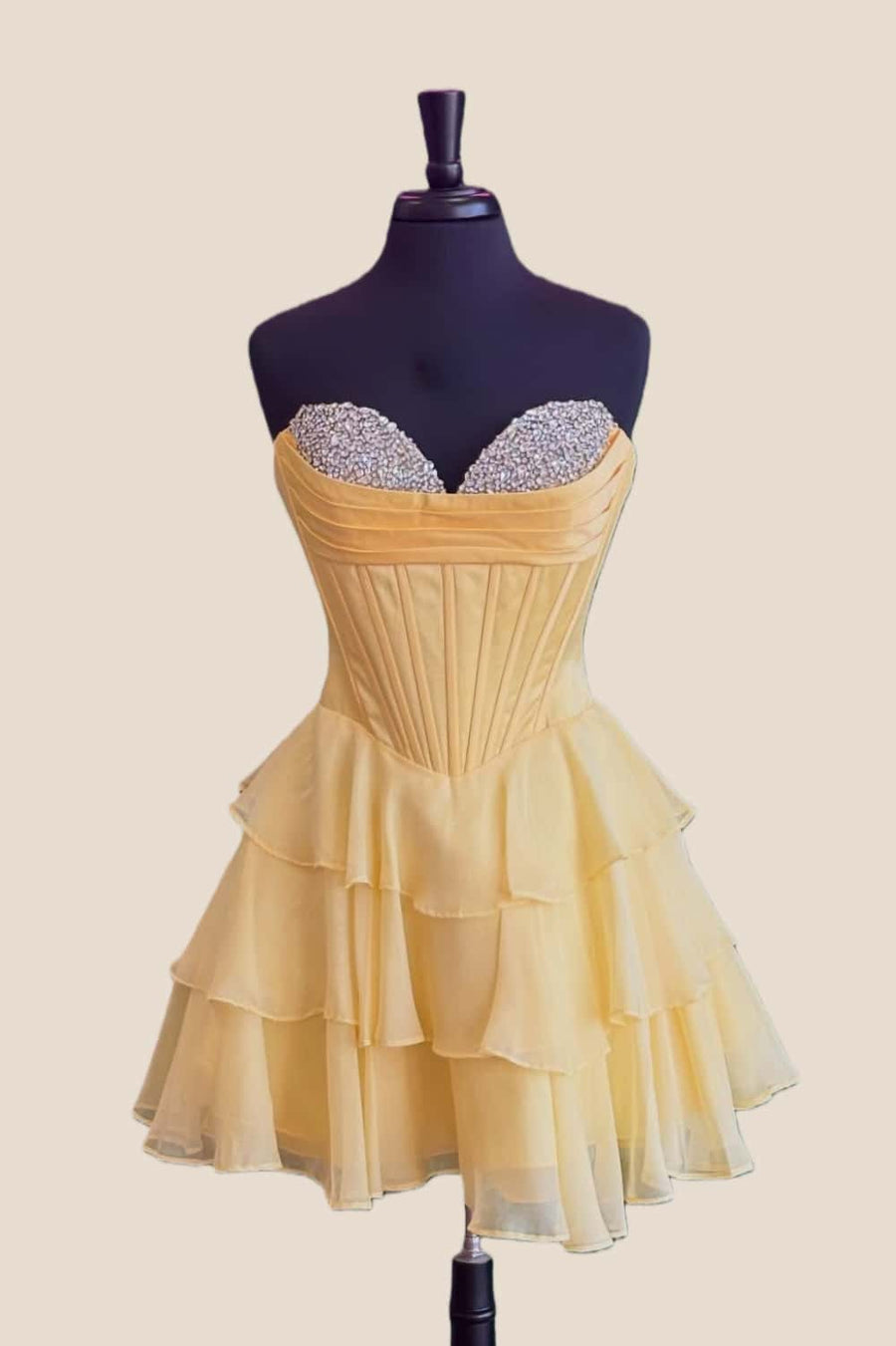 Beaded Neck Yellow Tiered A-line Short Dress