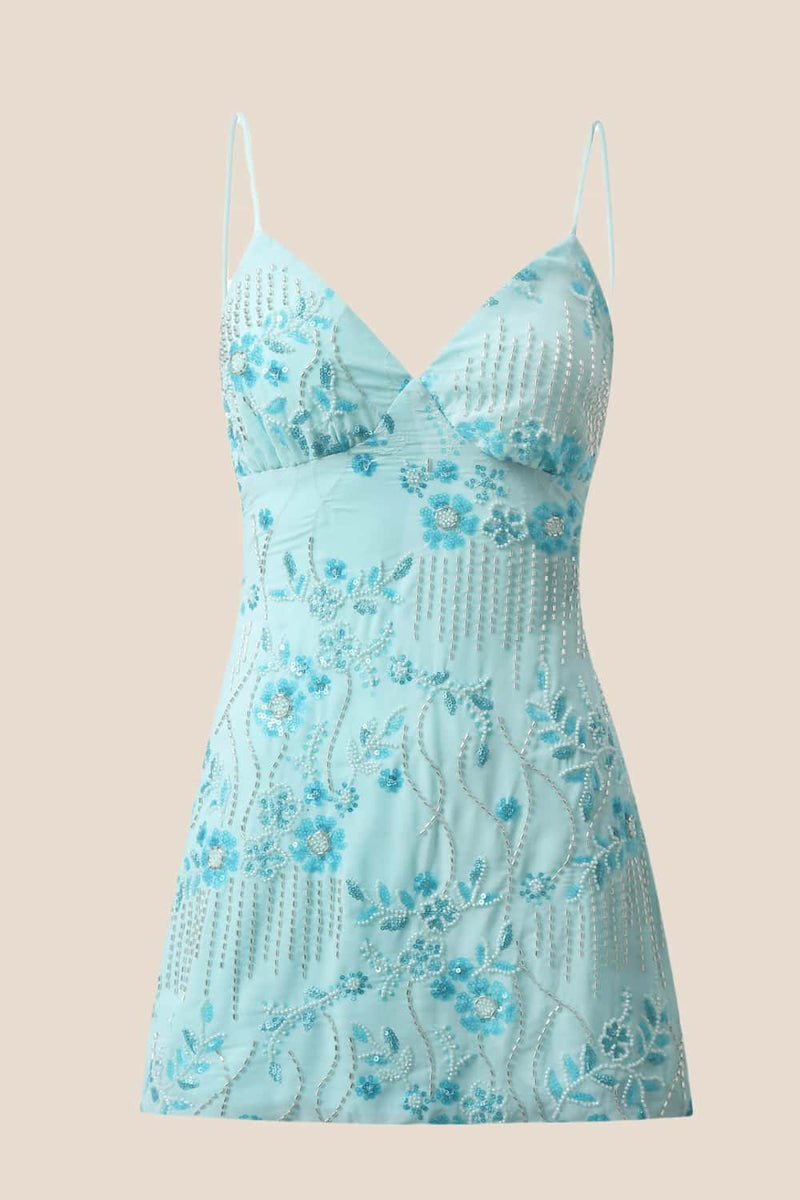 Light Blue Beaded Straps Fitted Mini Dress Ohmollydress Light Blue Beaded Straps Fitted Mini Dress Ohmollydress