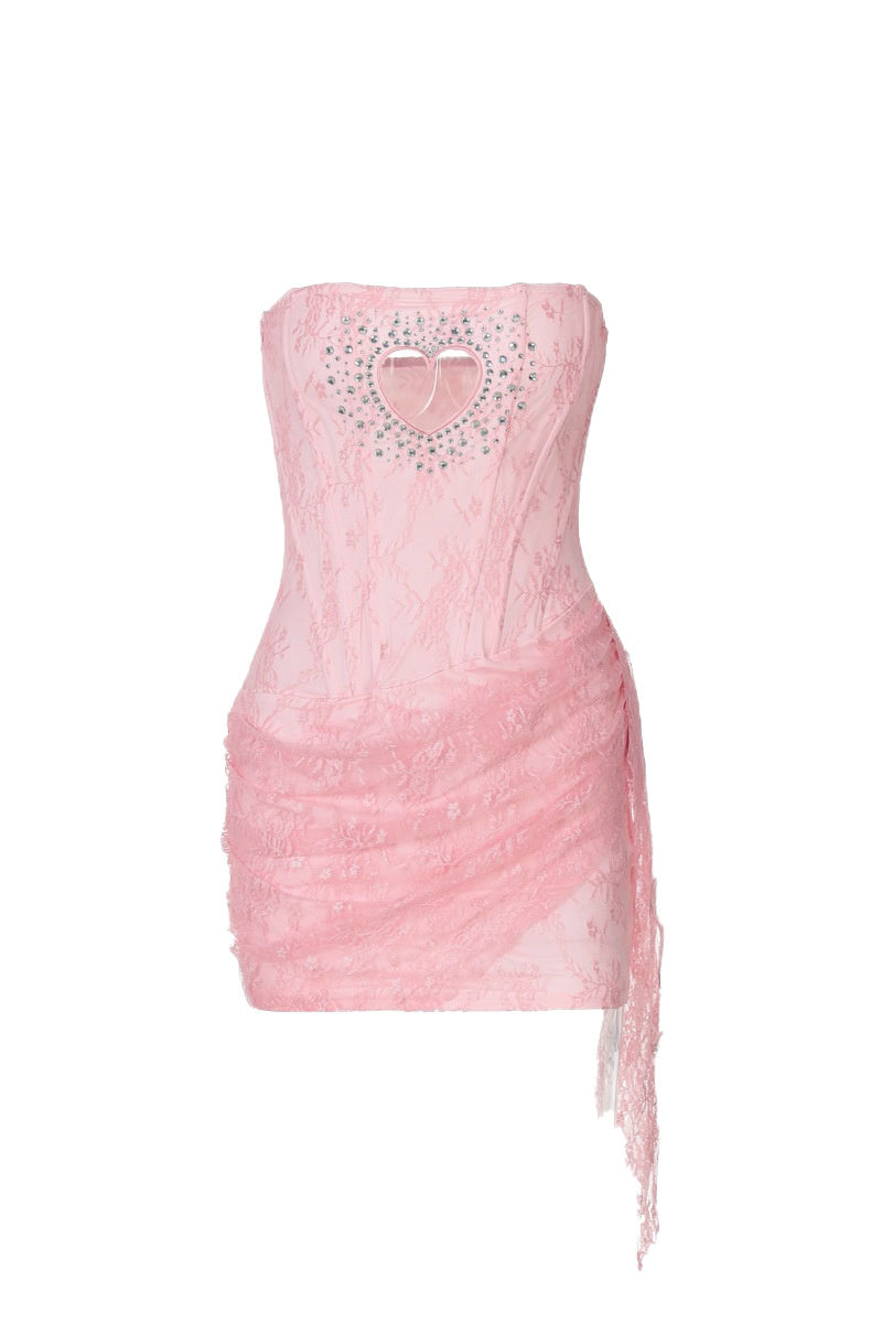 Strapless Yellow Hollow Heart Lace Short Dress – Ohmollydress