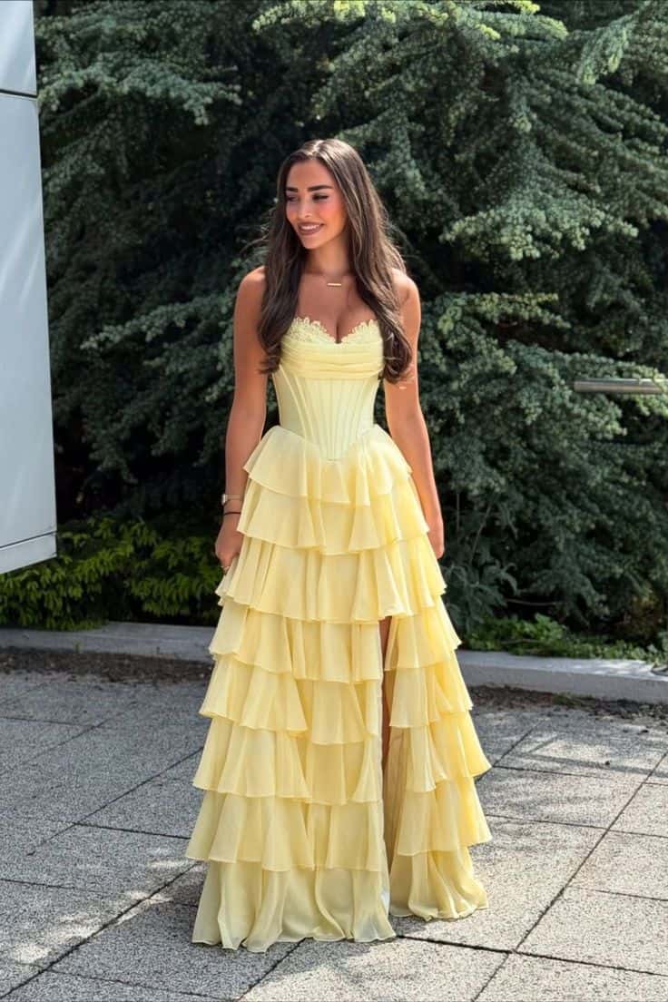 white christmas dresses Yellow Corset Chiffon Tiered Formal Gown – Ohmollydress