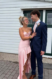 Straps Black Satin Ruffle Slit Party Dress