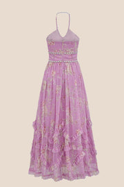 Pearls Halter Purple Floral Chiffon Long Dress