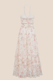 Pearls Halter Purple Floral Chiffon Long Dress