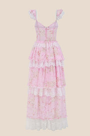Pink Floral Lace Ruffle Straps Tiered Dress
