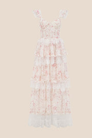 Pink Floral Lace Ruffle Straps Tiered Dress