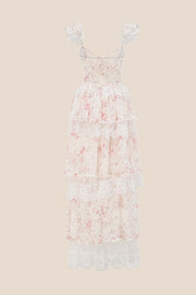 Pink Floral Lace Ruffle Straps Tiered Dress