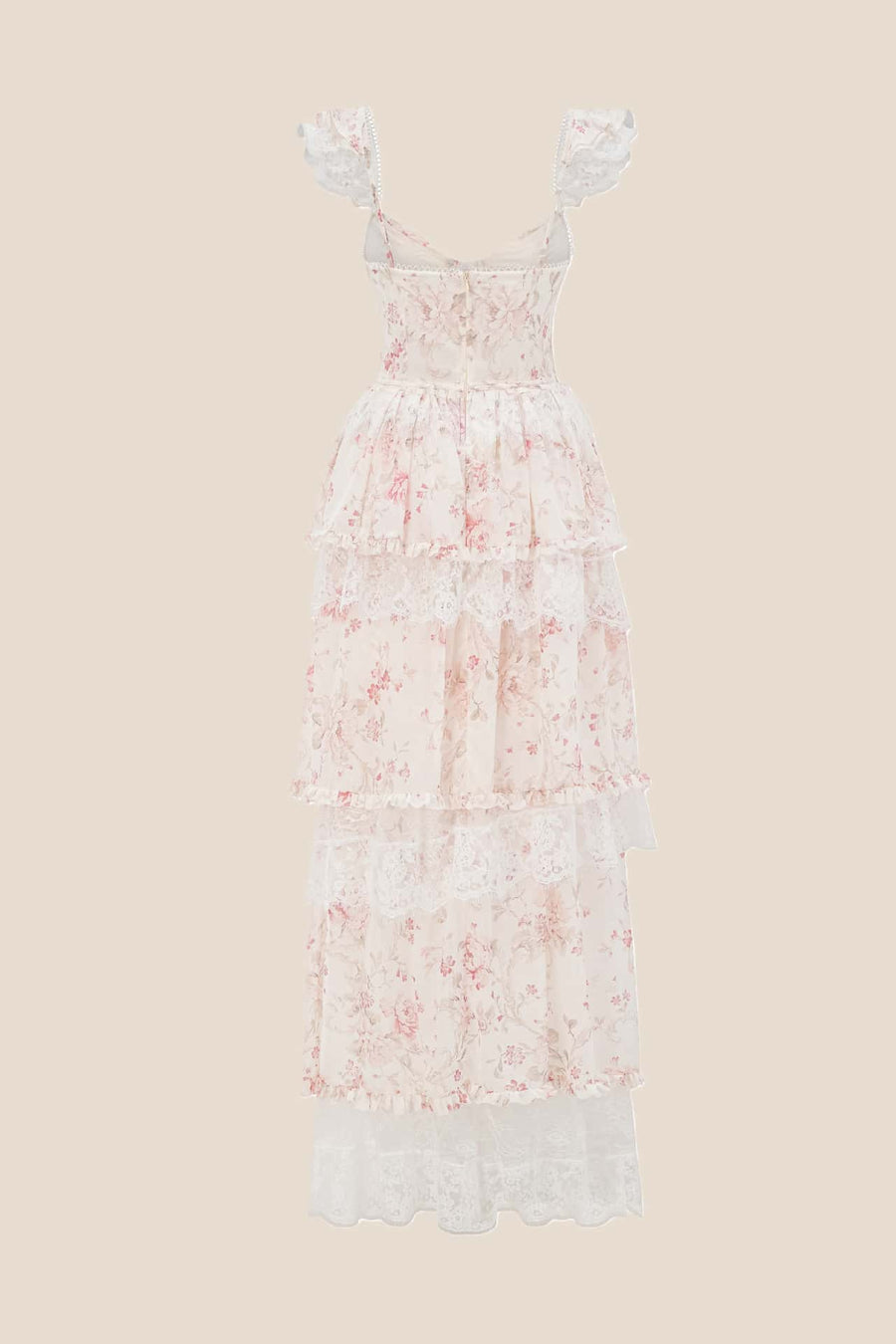 Pink Floral Lace Ruffle Straps Tiered Dress