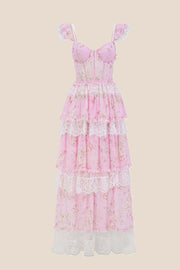 Pink Floral Lace Ruffle Straps Tiered Dress