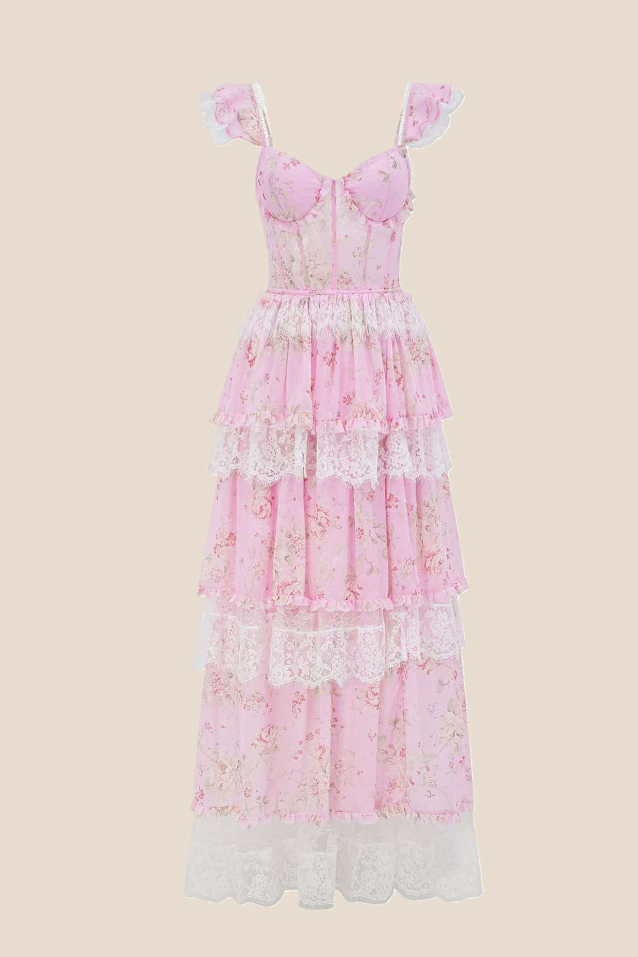 Pink Floral Lace Ruffle Straps Tiered Dress