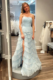 Light Blue Tulle Ruffle A-line Gown