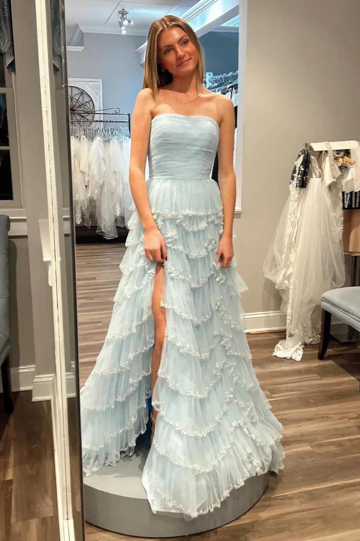 Light Blue Tulle Ruffle A-line Gown