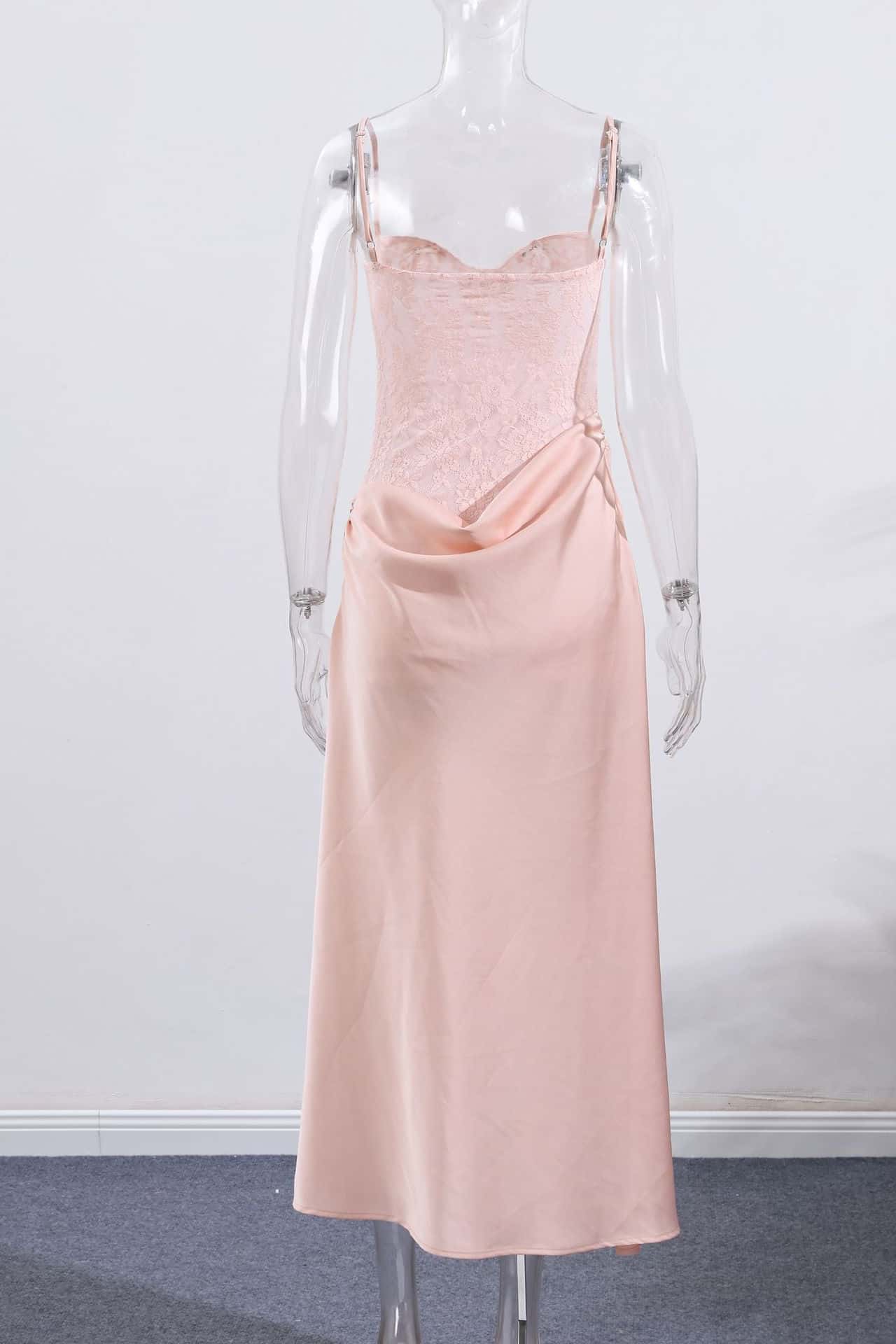 Straps Pink Lace and Satin Slit Long Dress