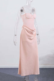 Straps Pink Lace and Satin Slit Long Dress