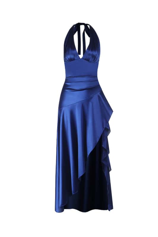 Halter Navy Blue Satin Frill Long Dress  Ohmollydress