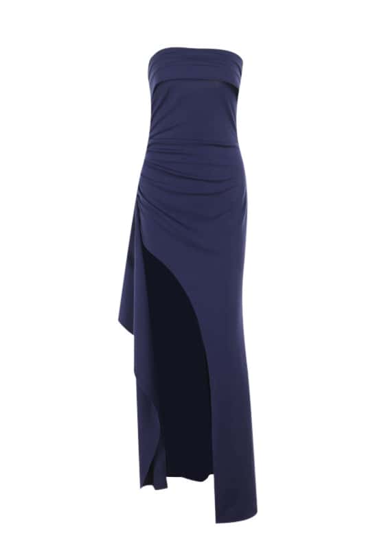 Strapless Navy Blue Pleated Long Dress with Slit – Ohmollydress