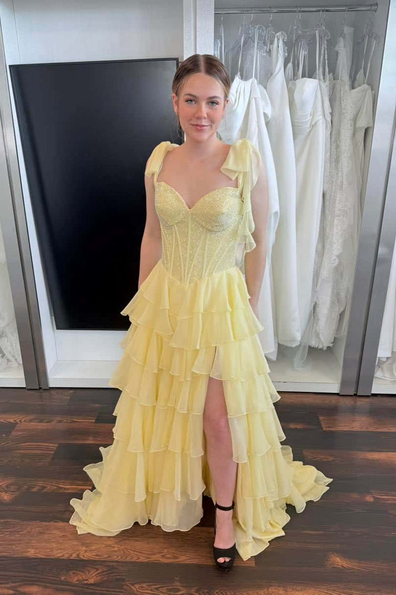 Beaded Light Blue Chiffon Ruffle Slit Prom Dress – Ohmollydress