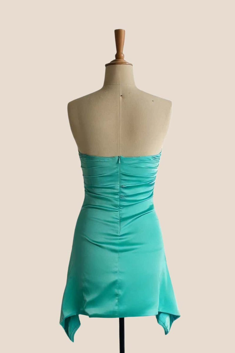 Turquoise Strapless Satin Draped Short Dress – Ohmollydress