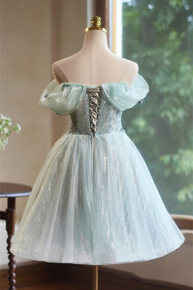 Off the Shoulder Mint Green Beaded Short Dress  Ohmollydress