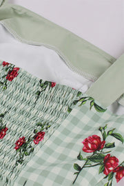 Green Plaid Swing Dress with Floral Prints