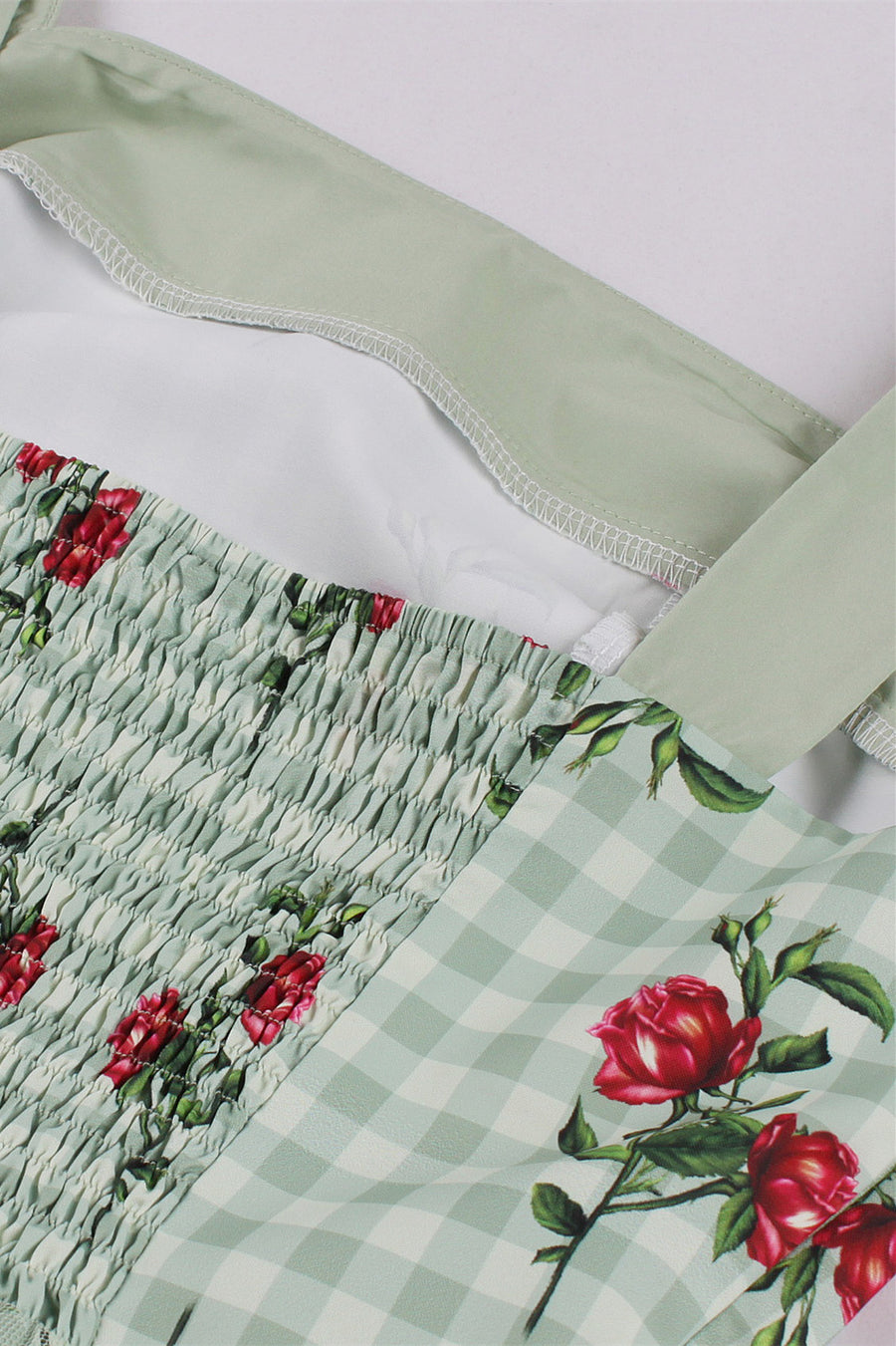 Green Plaid Swing Dress with Floral Prints